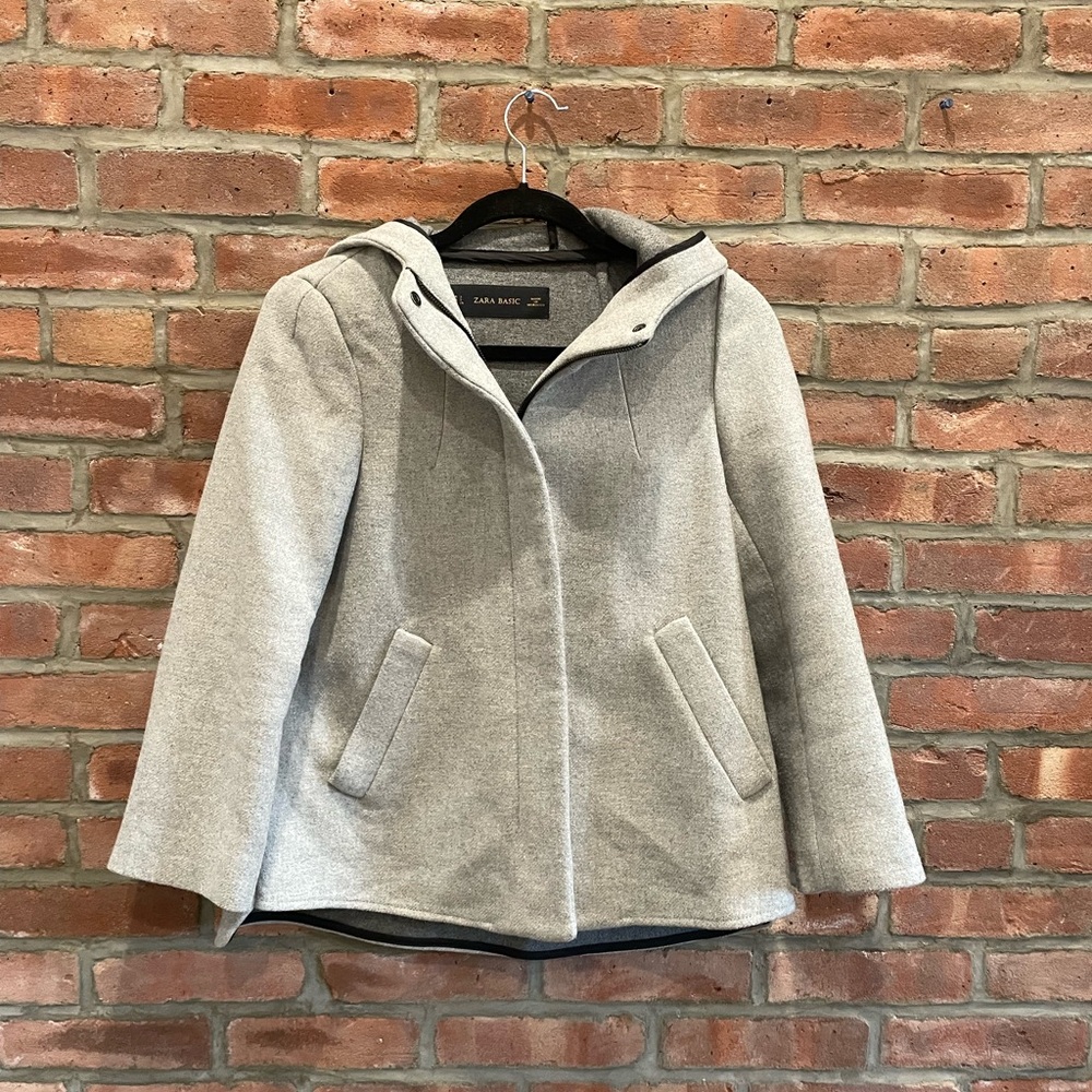 Zara Women’s Light Gray Blended Wool Hooded Zip Coat